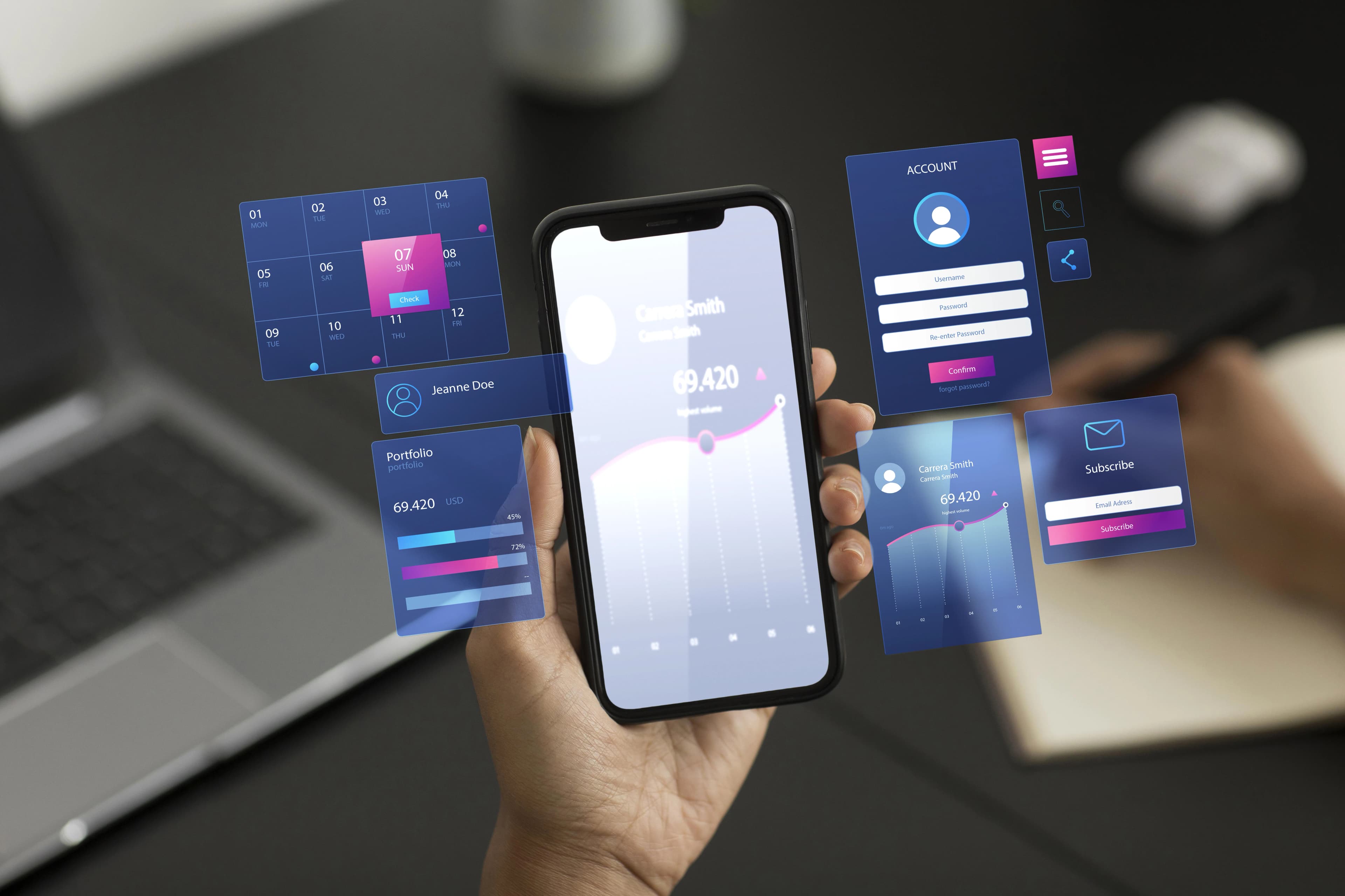 A mobile app interface built by the Nodus studio